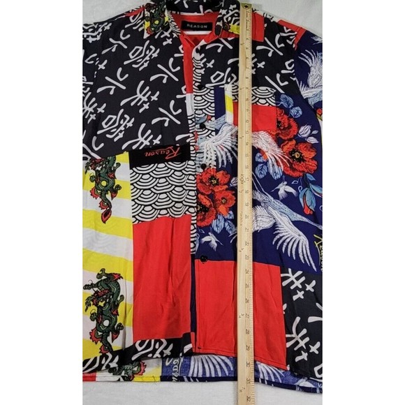 Reason Brand Button Up Hawaiian Style Shirt Size L Colorful Oriental Swan Design - Picture 4 of 8